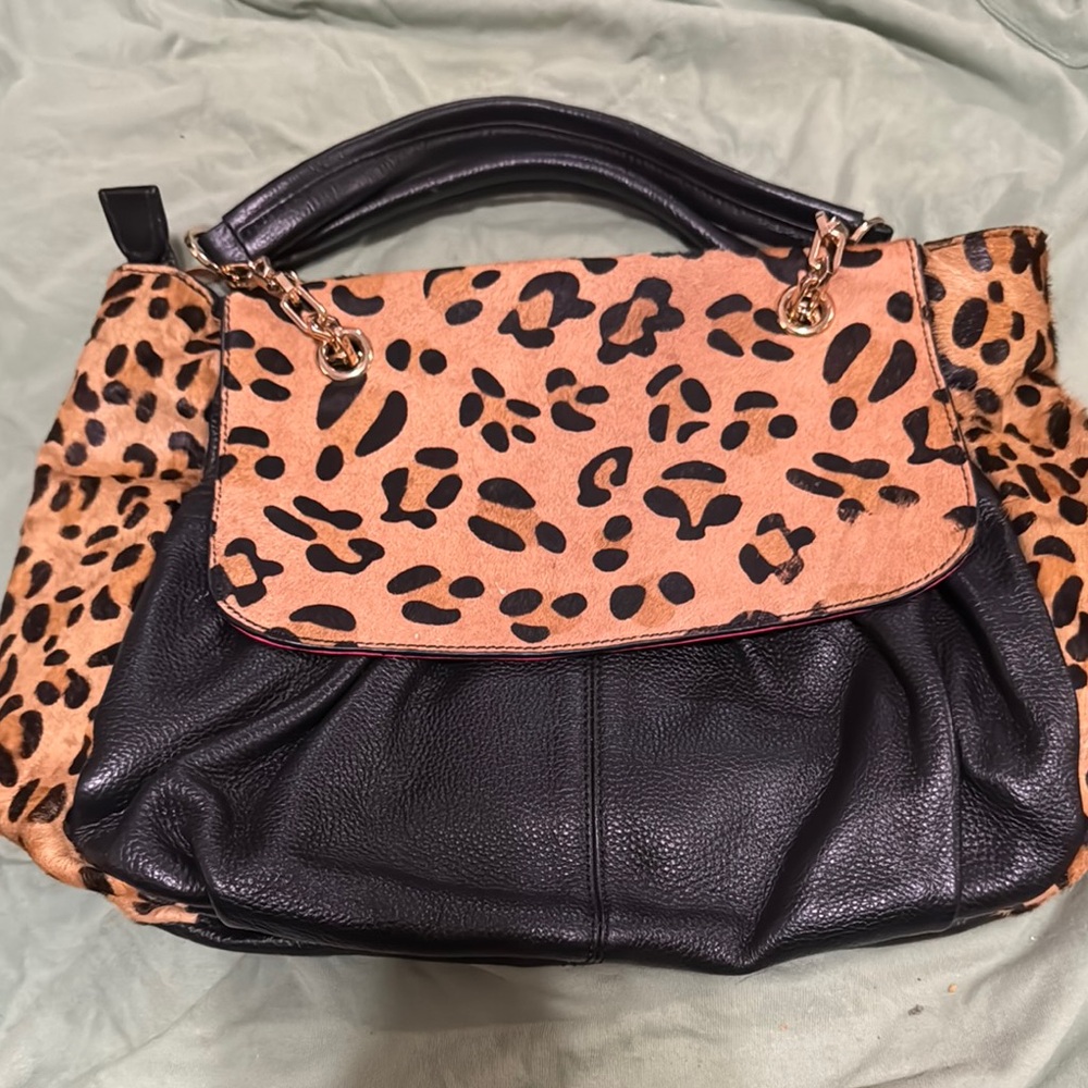 Leopard Print and Black Leather Women's Bag
